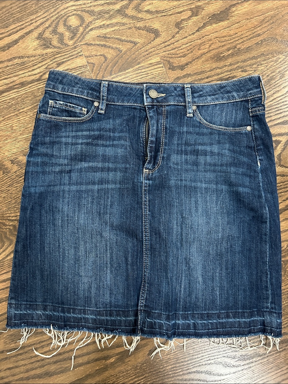 PAIGE Dark Blue Denim Mini Skirt with Frayed Hem